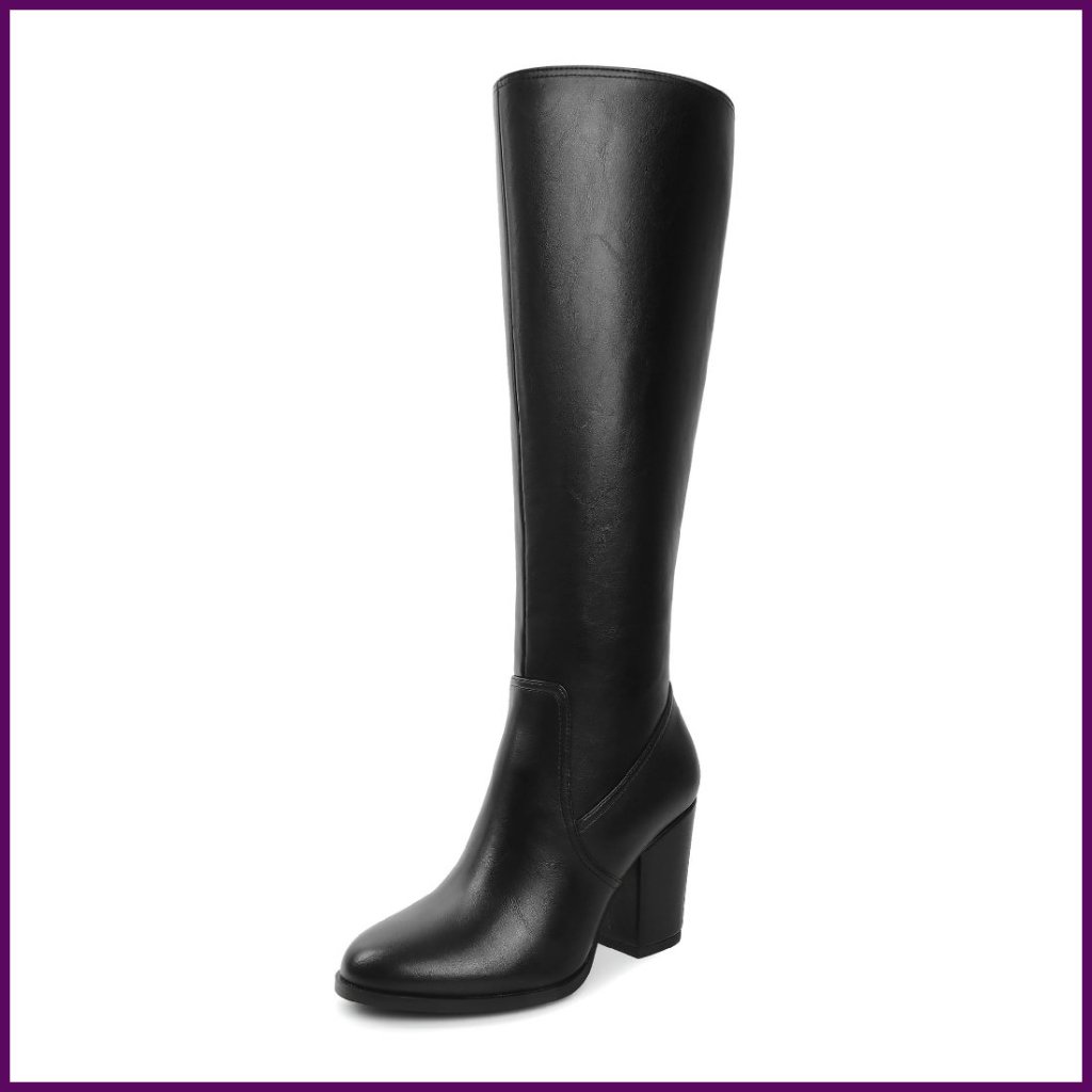 Knee High Leather Boots Chunky Heel Round Toe 3.5 Inch Block Heel
